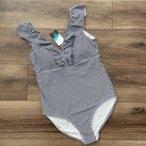 NWT aava Oceane Retro One Piece Swim Suit Blue and White Stripe X-Large